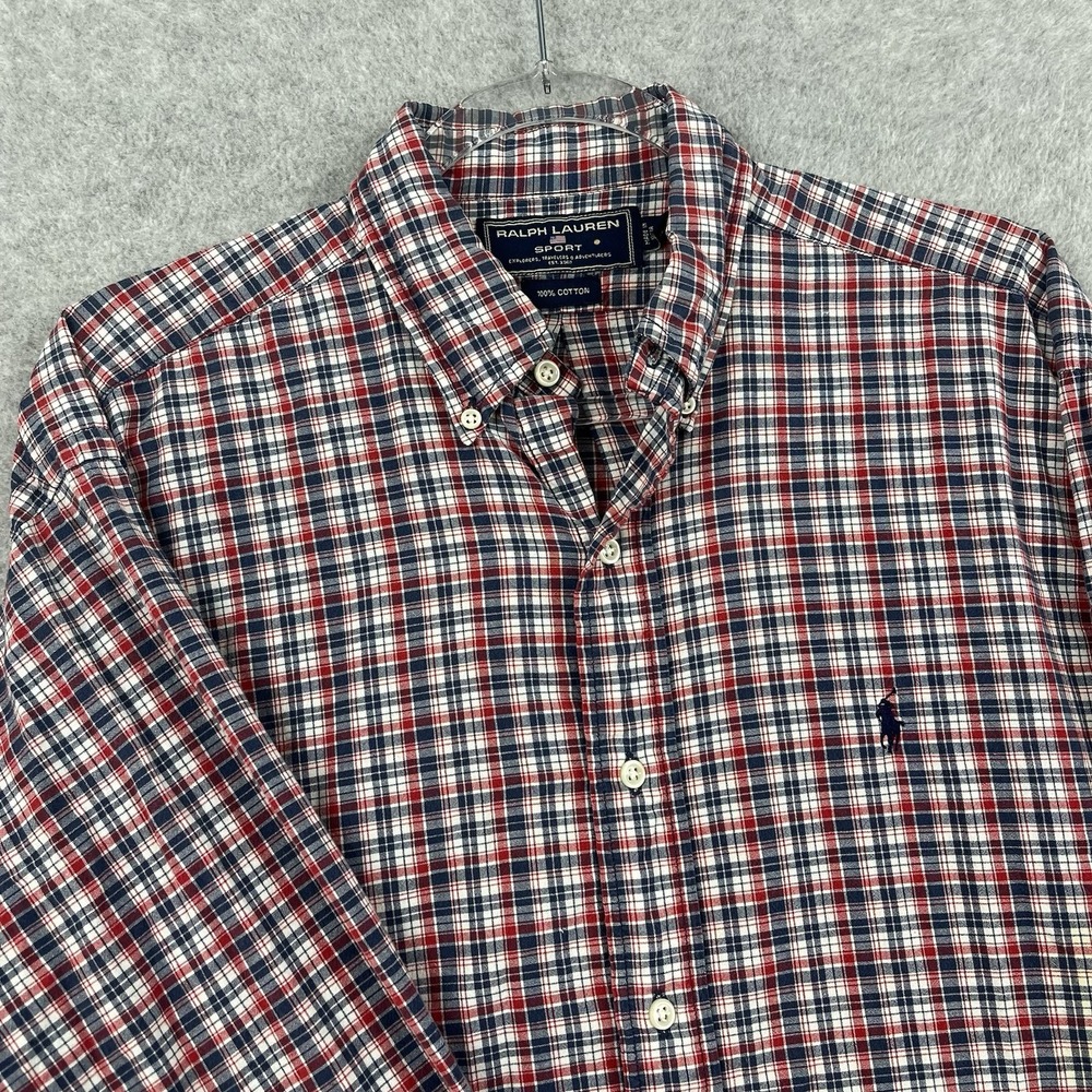 Vintage Polo Sport Ralph Lauren Shirt Men's Medium Blue Red Plaid 90s Preppy